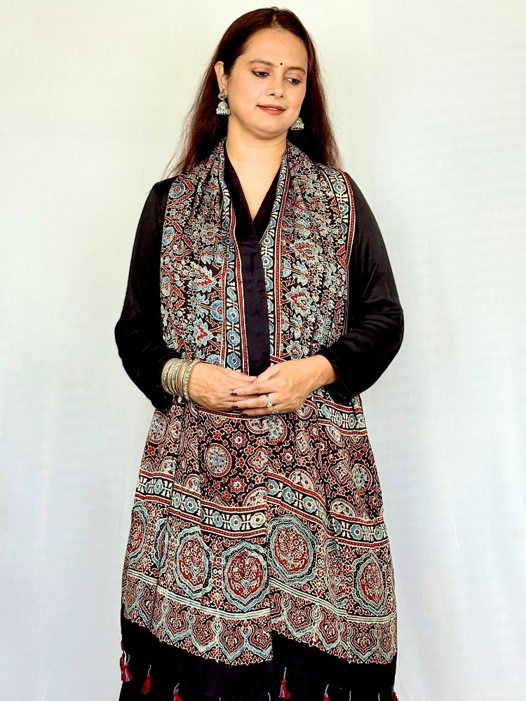 Midnight Essence – Black Modal Silk Ajrakh Hand Block Stole