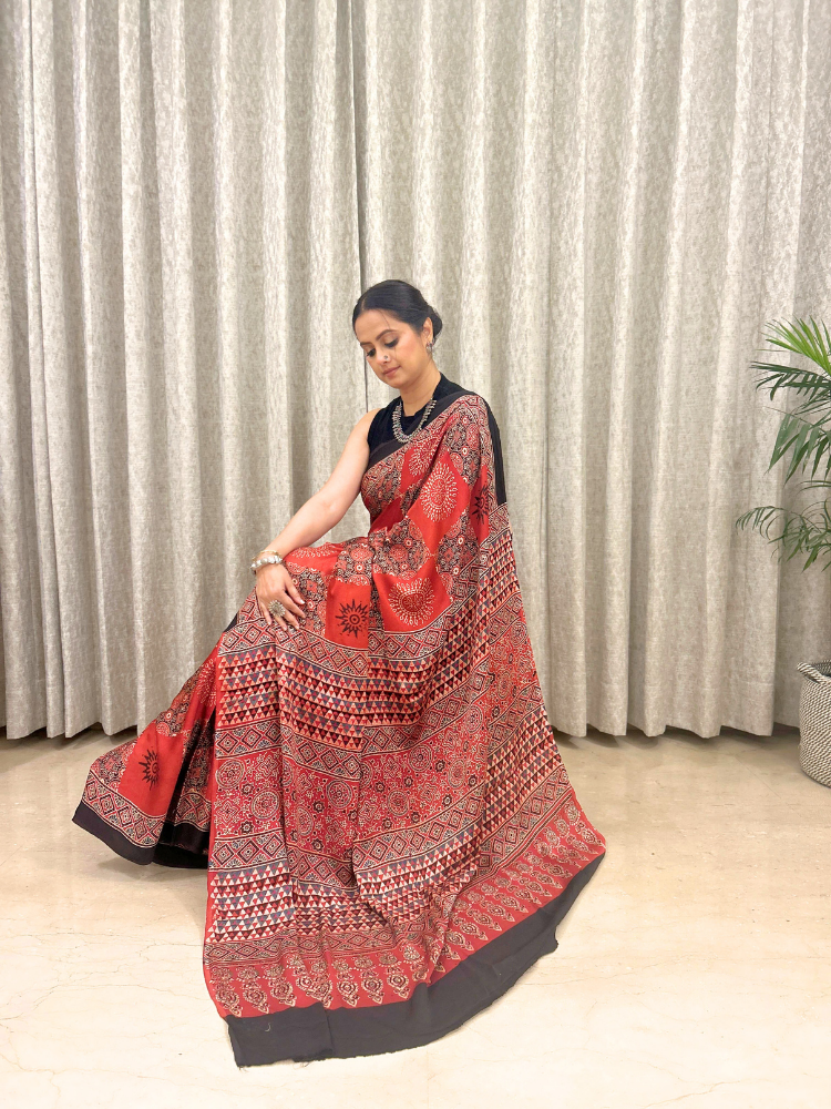 Modal Silk Ajrakh Traditional Style Hand Block Printed Saree