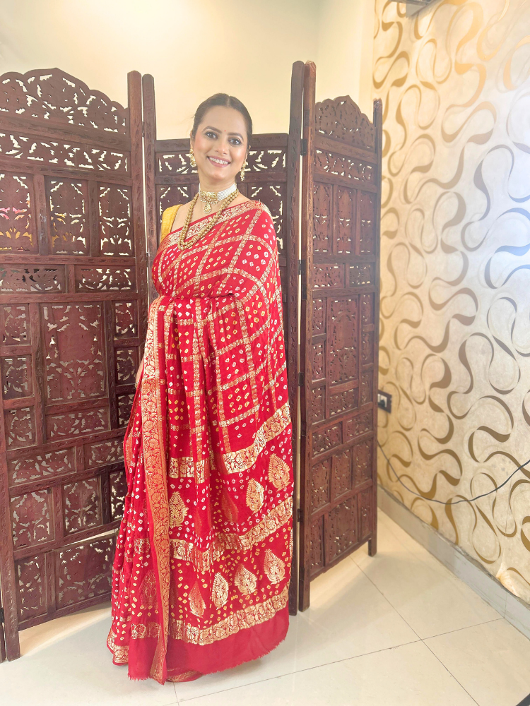 Pure Gajji Silk Bandhani Gharchola Saree with Heavy Zari Work