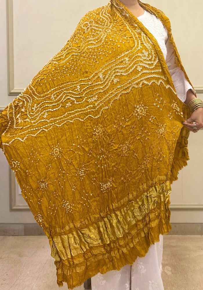 Sunshine Yellow Pure Gajji Silk Bandhani Dupatta with Zari Detailing