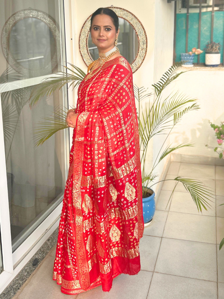Pure Gajji Silk Bandhani Gharchola Saree with Heavy Zari Work