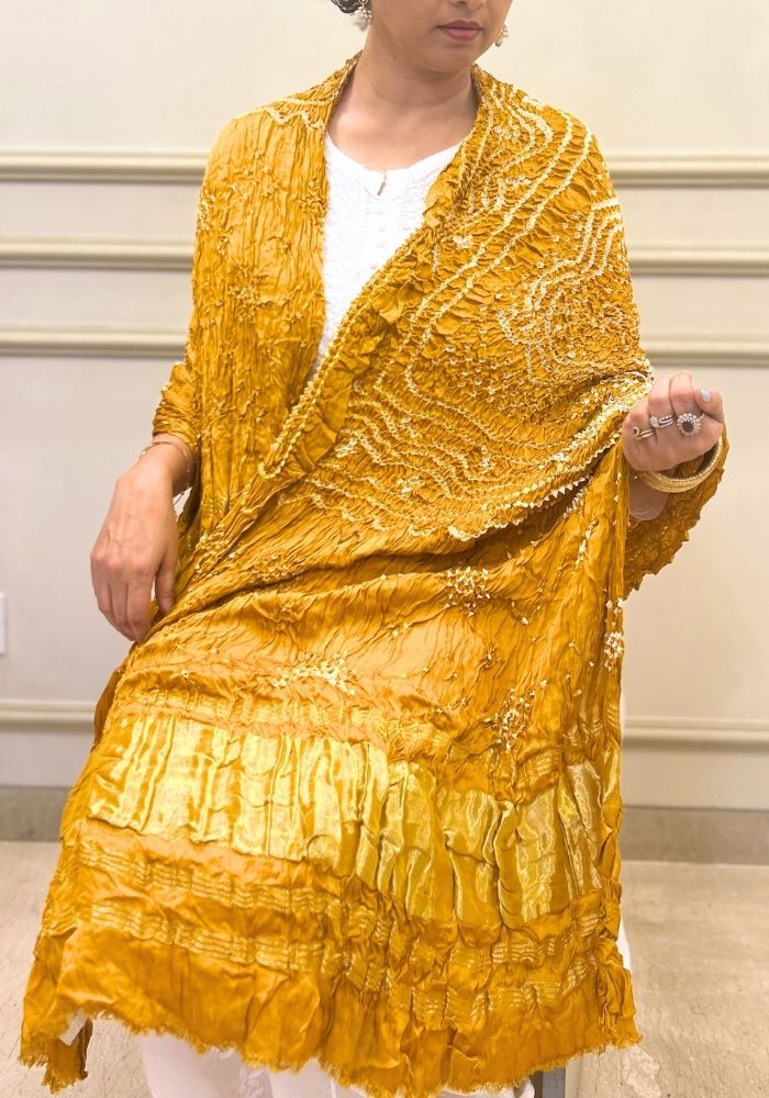 Sunshine Yellow Pure Gajji Silk Bandhani Dupatta with Zari Detailing