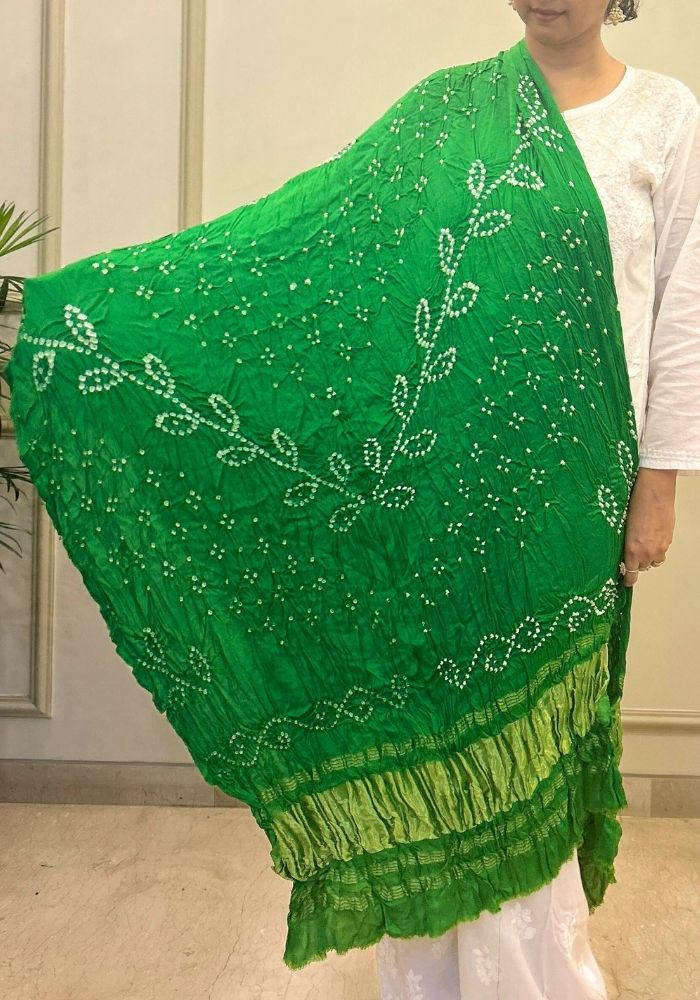 Emerald Green Pure Gajji Silk Lehriya Bandhani Dupatta with Zari Border