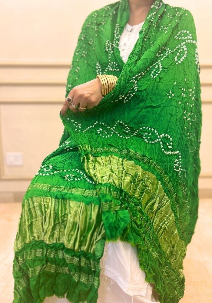 Emerald Green Pure Gajji Silk Lehriya Bandhani Dupatta with Zari Border