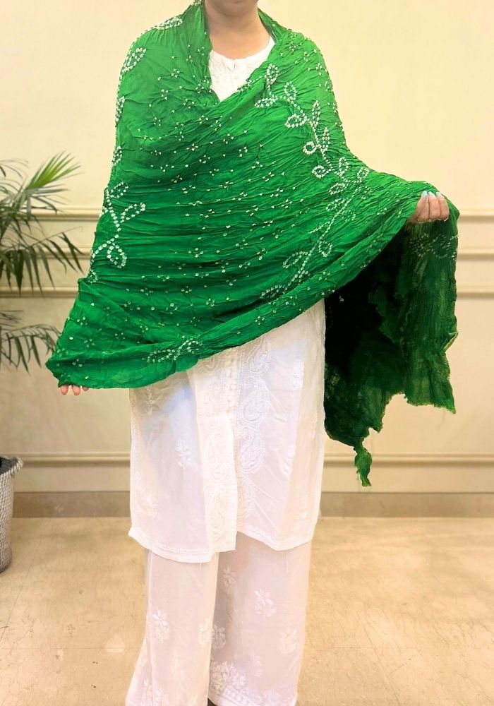 Emerald Green Pure Gajji Silk Lehriya Bandhani Dupatta with Zari Border