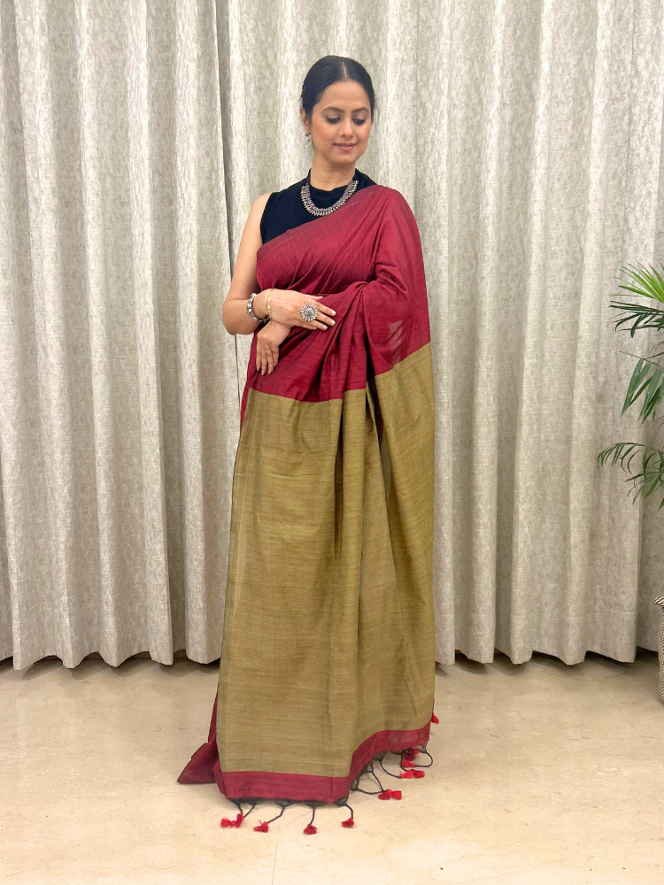 Pure Khadi Cotton Handloom Saree with Contrast Pallu  – Golden