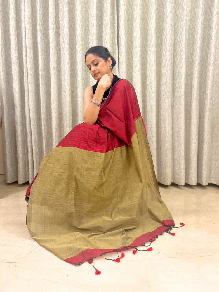Pure Khadi Cotton Handloom Saree with Contrast Pallu  – Golden