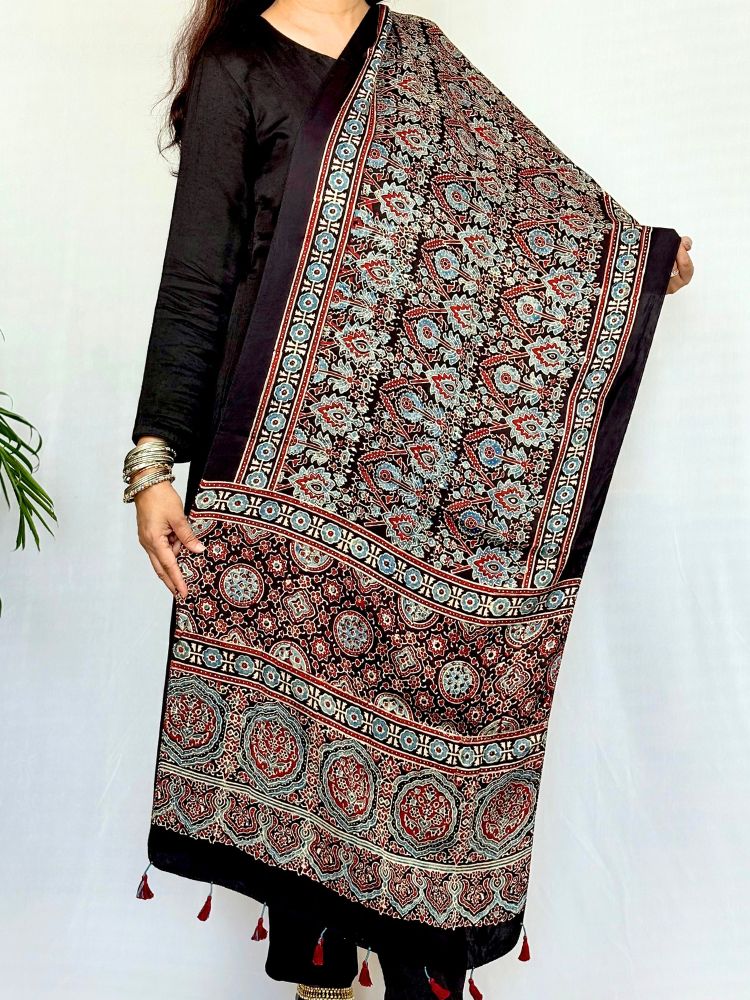 Midnight Essence – Black Modal Silk Ajrakh Hand Block Stole