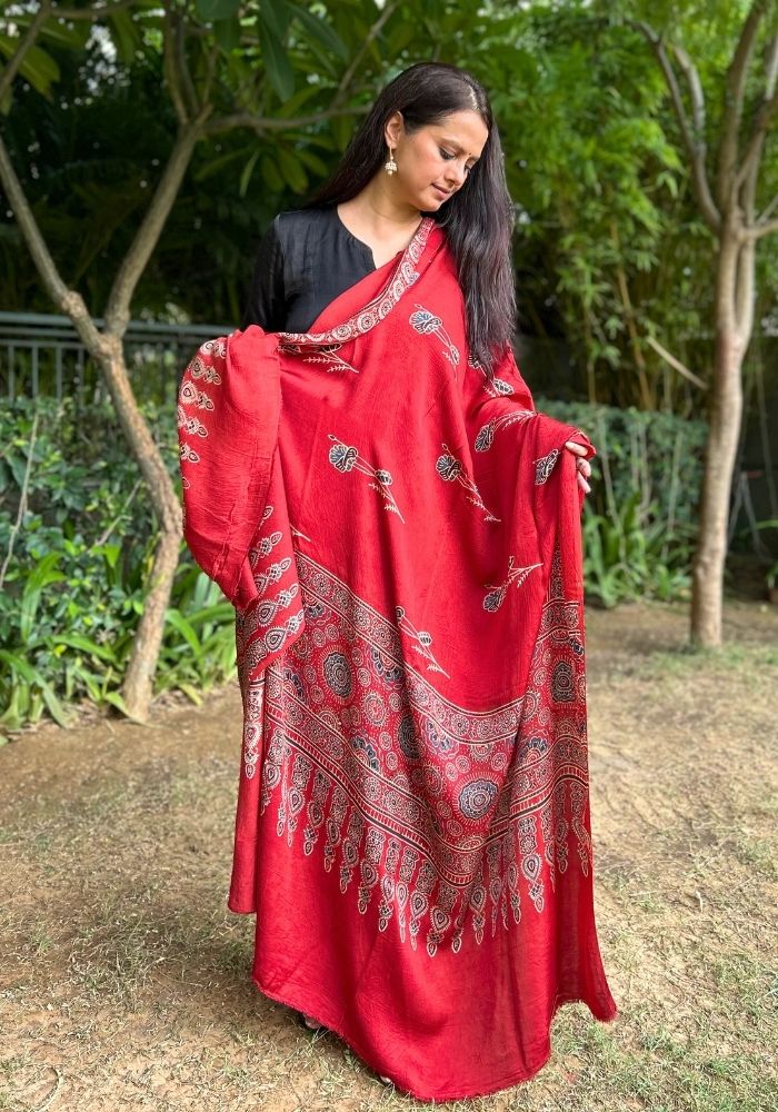 Elegant Red Modal Silk Ajrakh Hand Block Dupatta