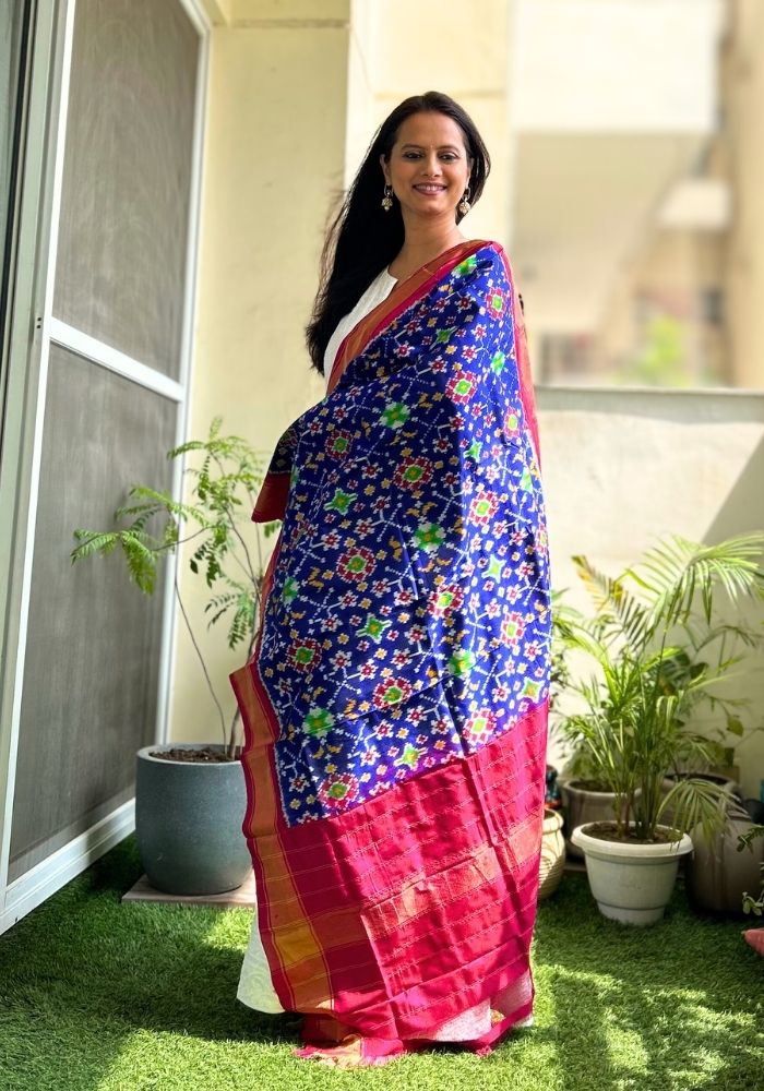 Vibrant Blue & Pink Pochampally Double Ikat Mulberry Silk Dupatta