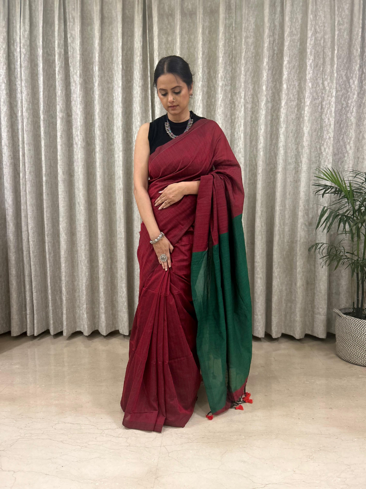 Pure Khadi Cotton Handloom Saree with Contrast Pallu – Green