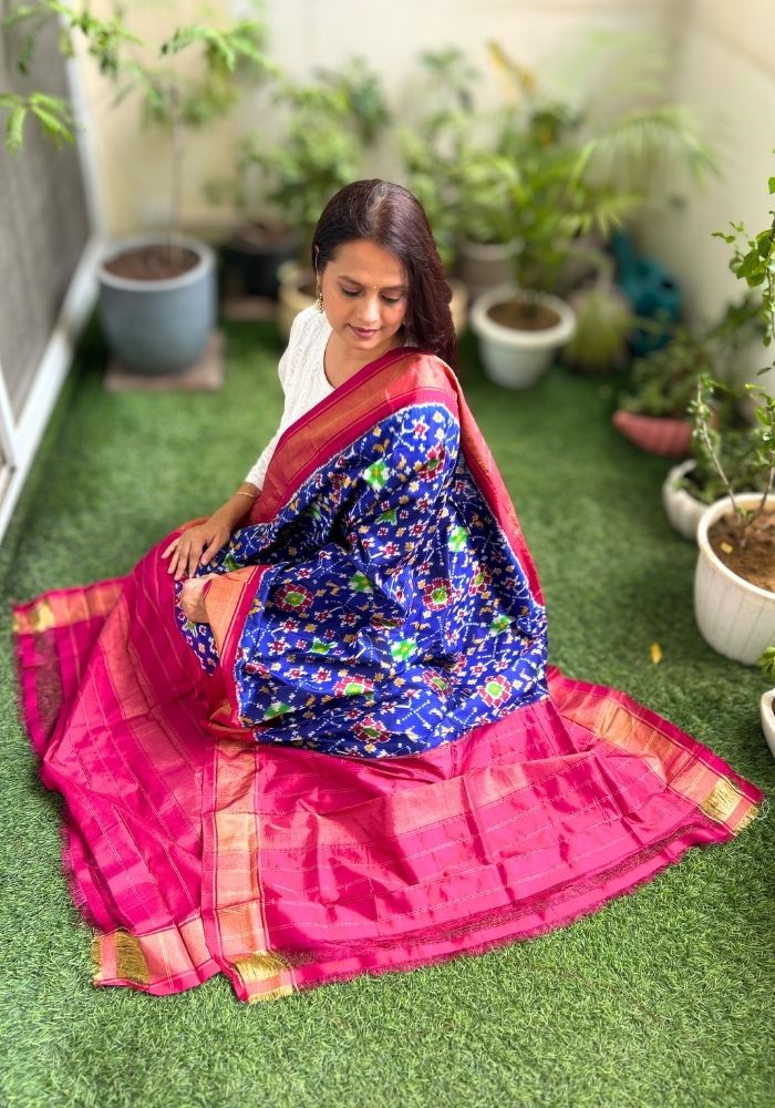 Vibrant Blue & Pink Pochampally Double Ikat Mulberry Silk Dupatta