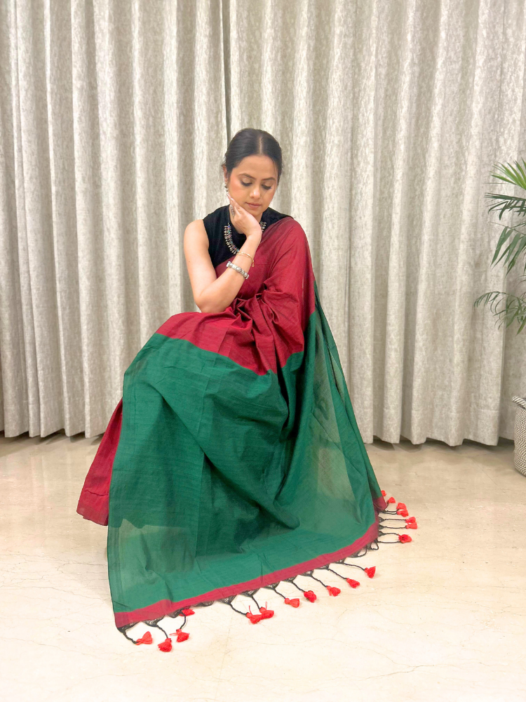 Pure Khadi Cotton Handloom Saree with Contrast Pallu – Green