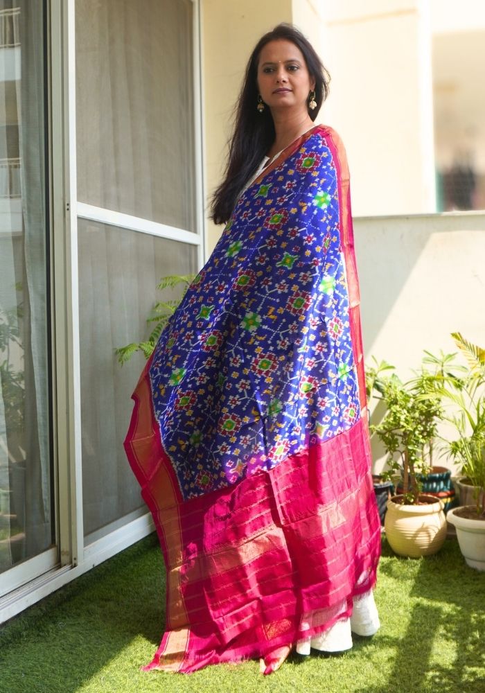 Vibrant Blue & Pink Pochampally Double Ikat Mulberry Silk Dupatta