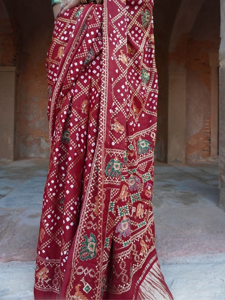 Semi Gajji Silk Bandhej Saree with Handwork & Zari Lagdi Pallu