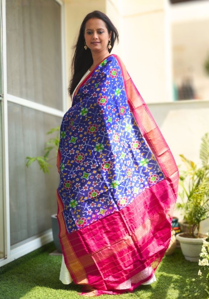Vibrant Blue & Pink Pochampally Double Ikat Mulberry Silk Dupatta