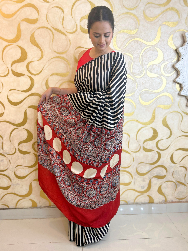 Modal Silk Ajrakh Printed Saree with Lehariya Design