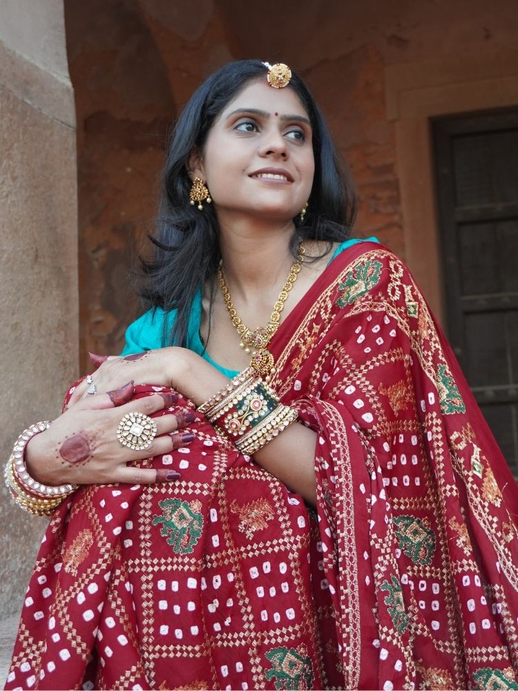 Semi Gajji Silk Bandhej Saree with Handwork & Zari Lagdi Pallu