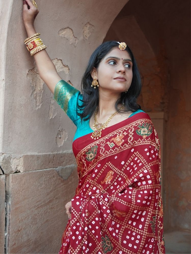 Semi Gajji Silk Bandhej Saree with Handwork & Zari Lagdi Pallu