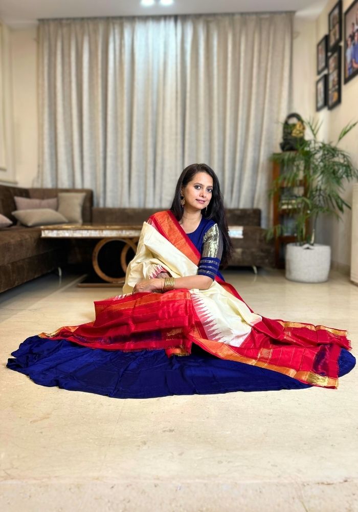 Off-White & Red Pochampally Temple Border Mulberry Silk Dupatta