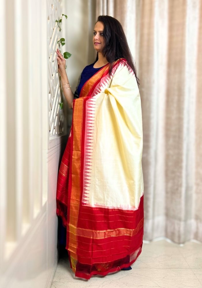 Off-White & Red Pochampally Temple Border Mulberry Silk Dupatta