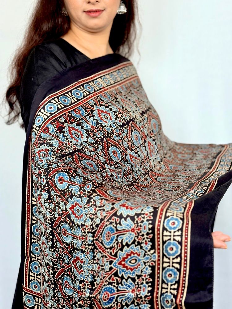 Midnight Essence – Black Modal Silk Ajrakh Hand Block Stole