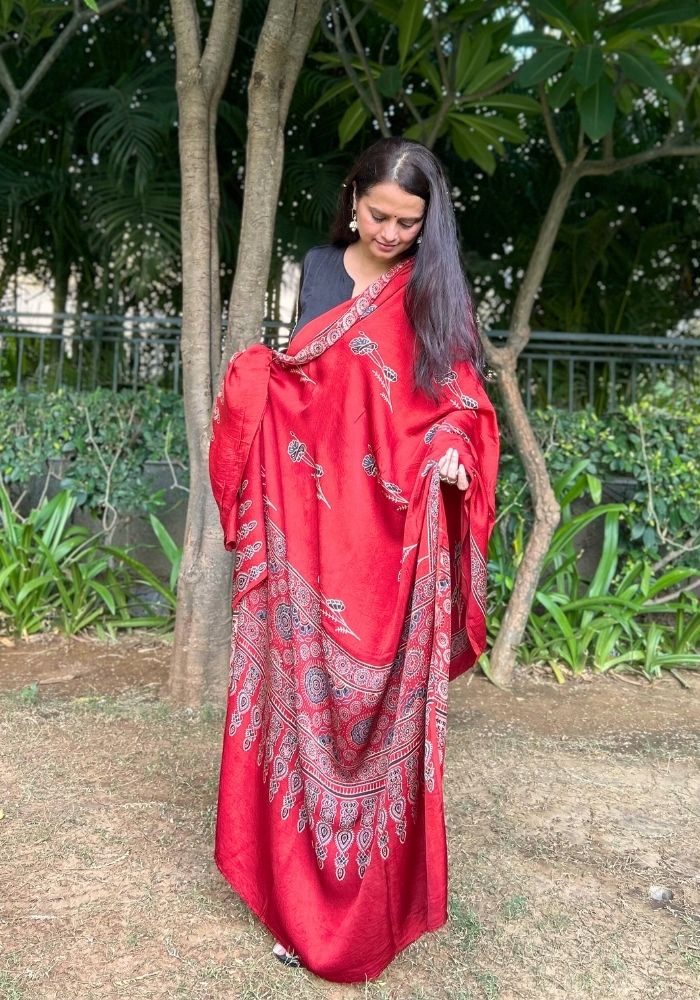 Elegant Red Modal Silk Ajrakh Hand Block Dupatta