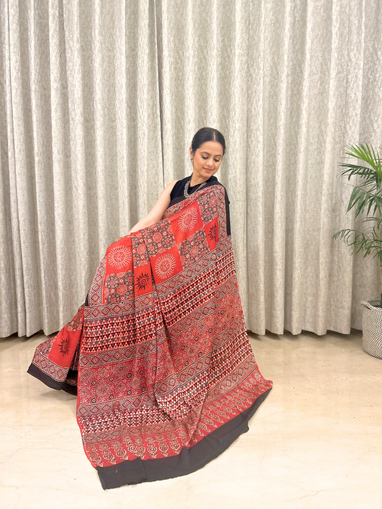 Modal Silk Ajrakh Traditional Style Hand Block Printed Saree