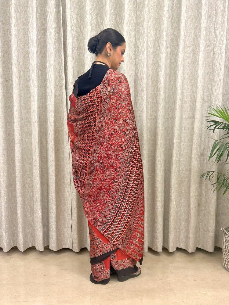Modal Silk Ajrakh Traditional Style Hand Block Printed Saree