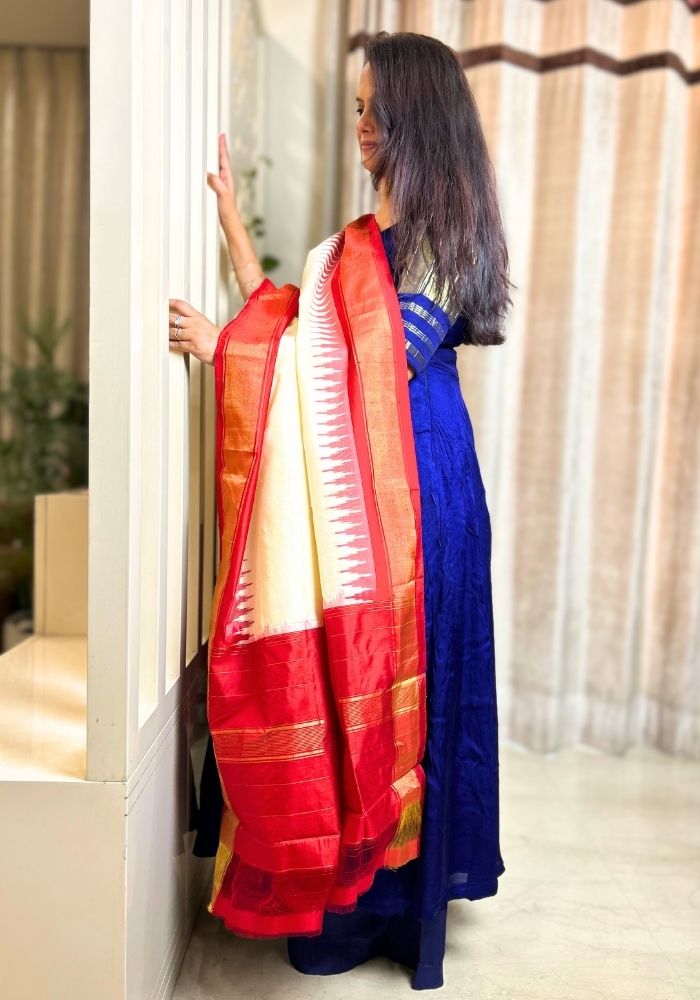 Off-White & Red Pochampally Temple Border Mulberry Silk Dupatta