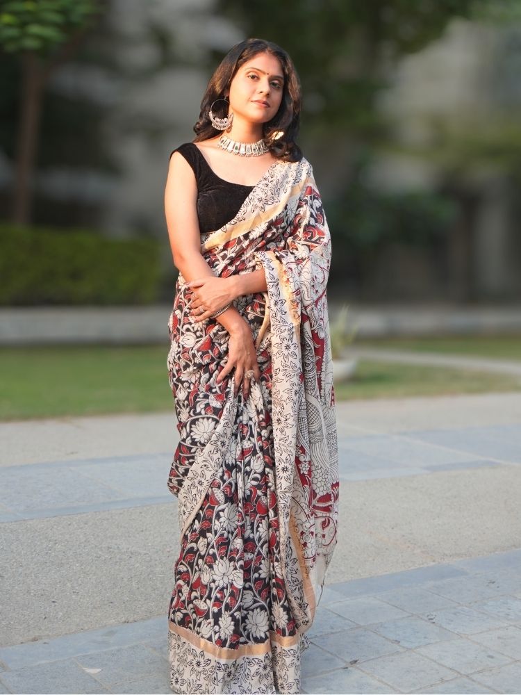 Kalamkari Silk Saree with Nizam Border – Black