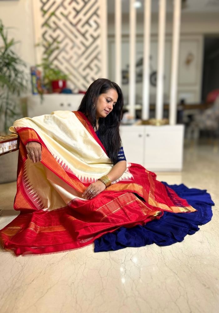 Off-White & Red Pochampally Temple Border Mulberry Silk Dupatta