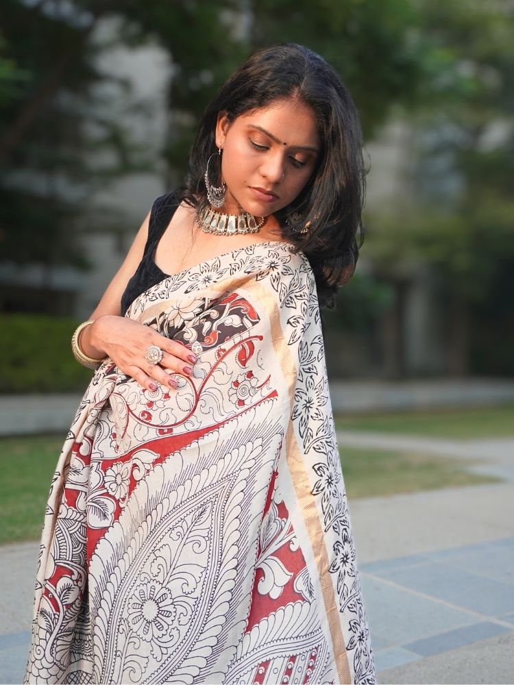 Kalamkari Silk Saree with Nizam Border – Black