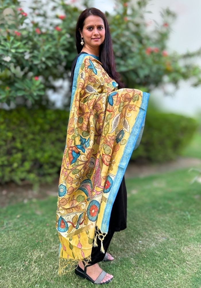 Sunshine Yellow Kalamkari Silk Dupatta with Blue Nizam Border