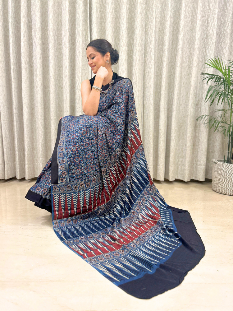 Modal Silk Ajrakh Hand Block Printed Saree