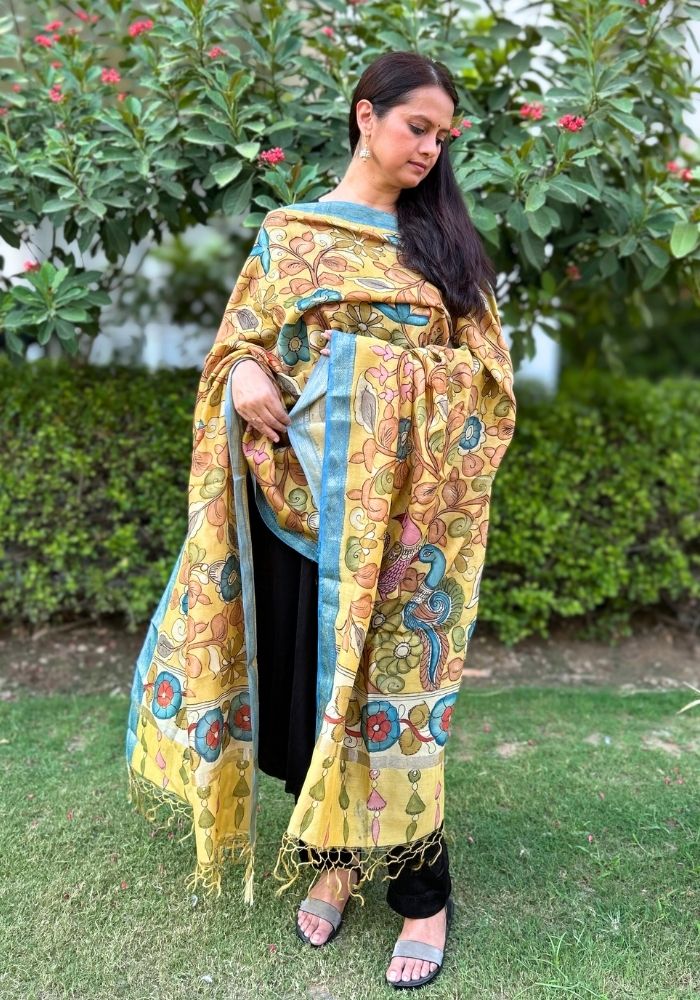 Sunshine Yellow Kalamkari Silk Dupatta with Blue Nizam Border
