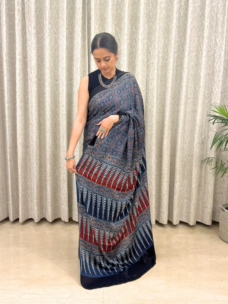 Modal Silk Ajrakh Hand Block Printed Saree