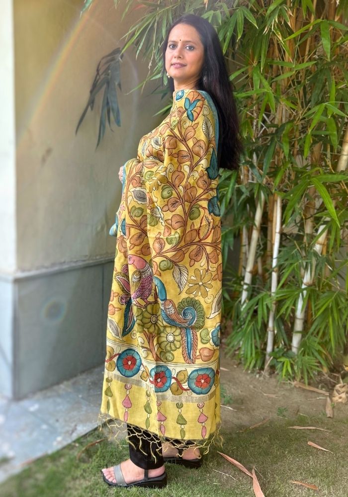 Sunshine Yellow Kalamkari Silk Dupatta with Blue Nizam Border