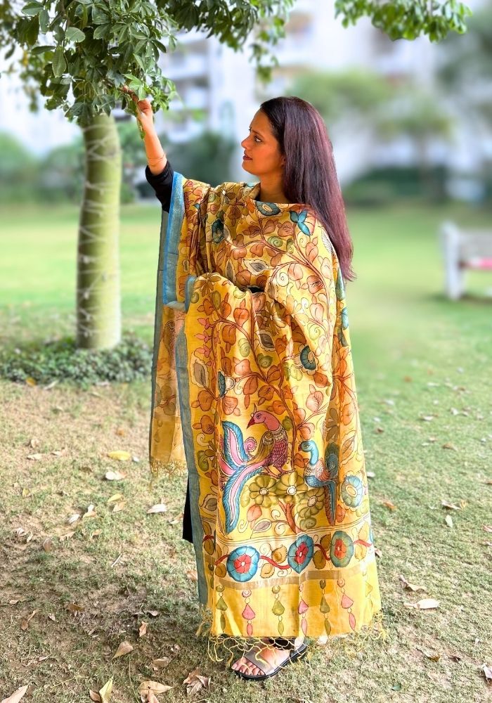 Sunshine Yellow Kalamkari Silk Dupatta with Blue Nizam Border