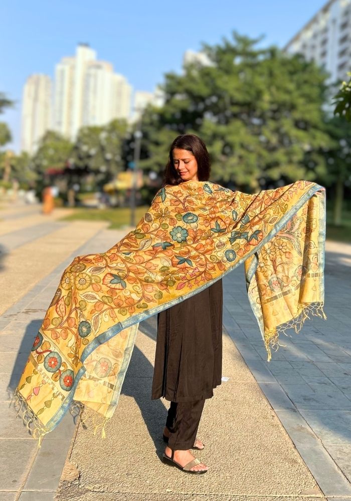 Sunshine Yellow Kalamkari Silk Dupatta with Blue Nizam Border