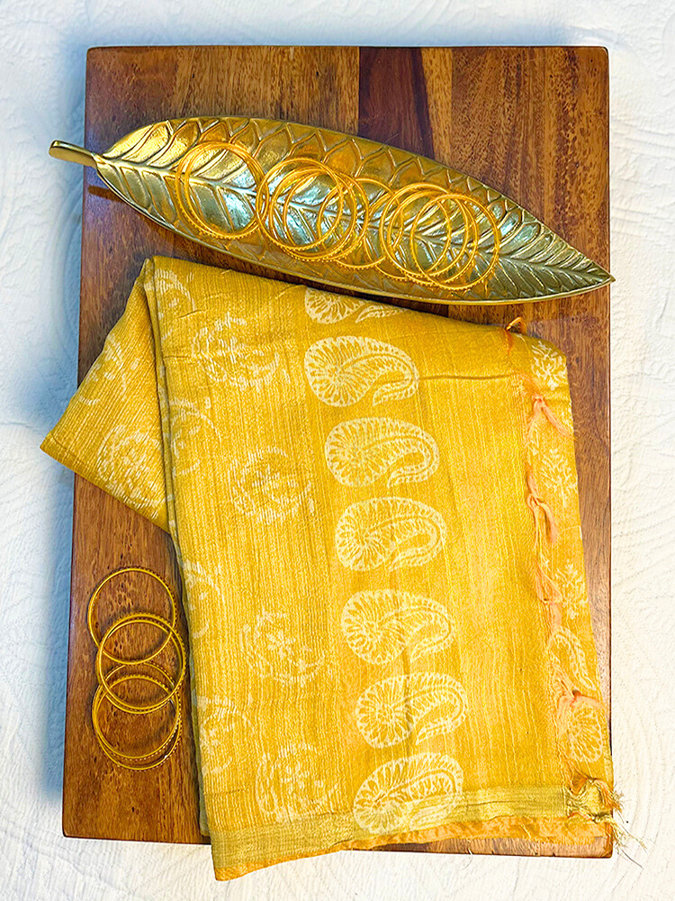 Bhagalpuri Silk Handblock Saree – Yellow