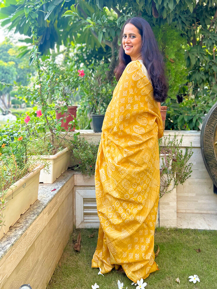 Bhagalpuri Silk Handblock Saree – Yellow