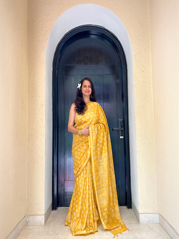 Bhagalpuri Silk Handblock Saree – Yellow