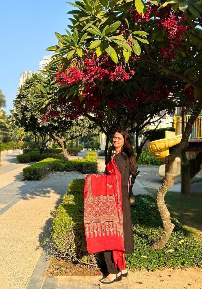 Elegant Red Modal Silk Ajrakh Hand Block Dupatta