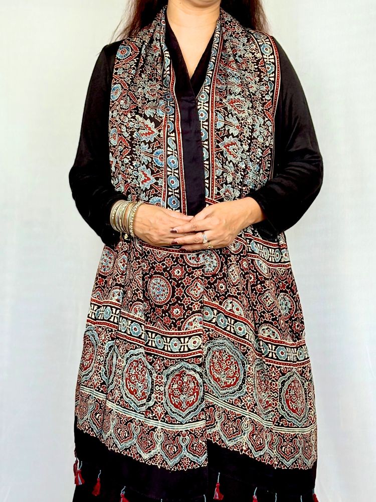 Midnight Essence – Black Modal Silk Ajrakh Hand Block Stole