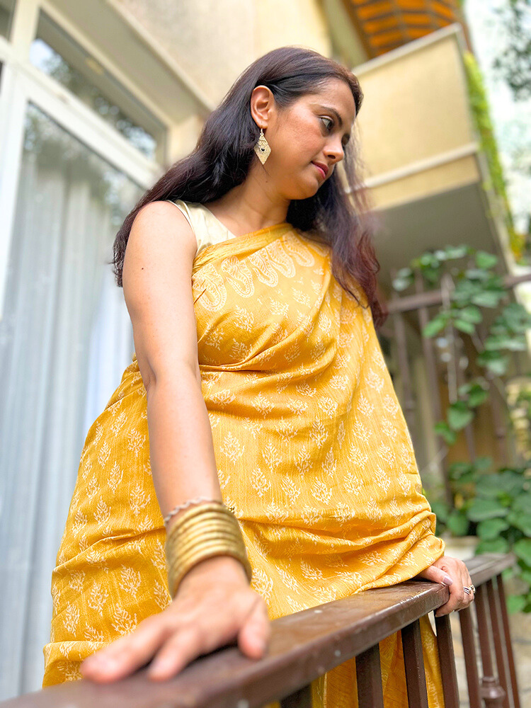 Bhagalpuri Silk Handblock Saree – Yellow