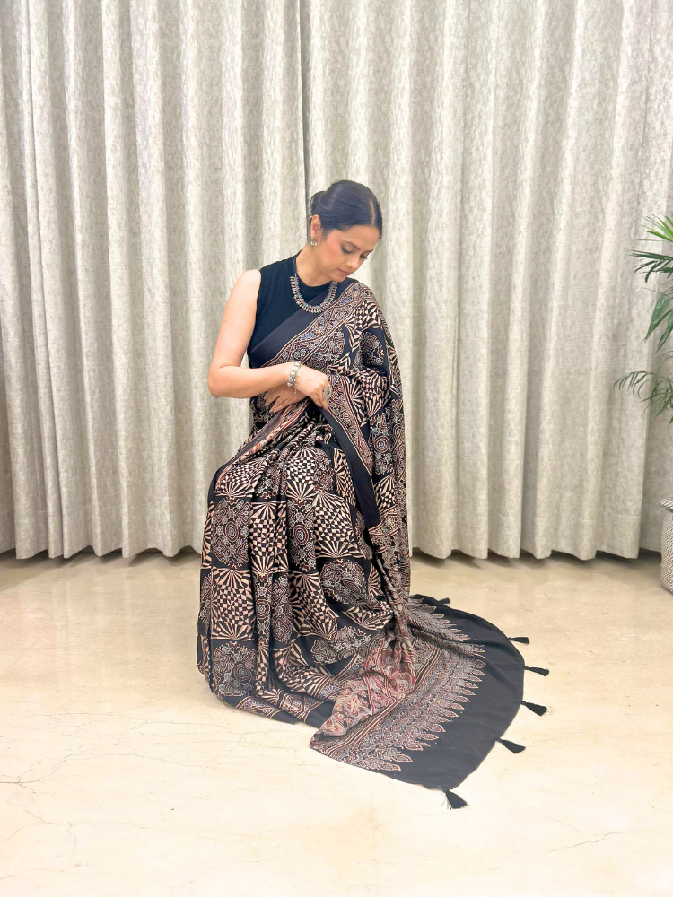 Modal Silk Ajrakh Hand Block Patterned Saree – Black