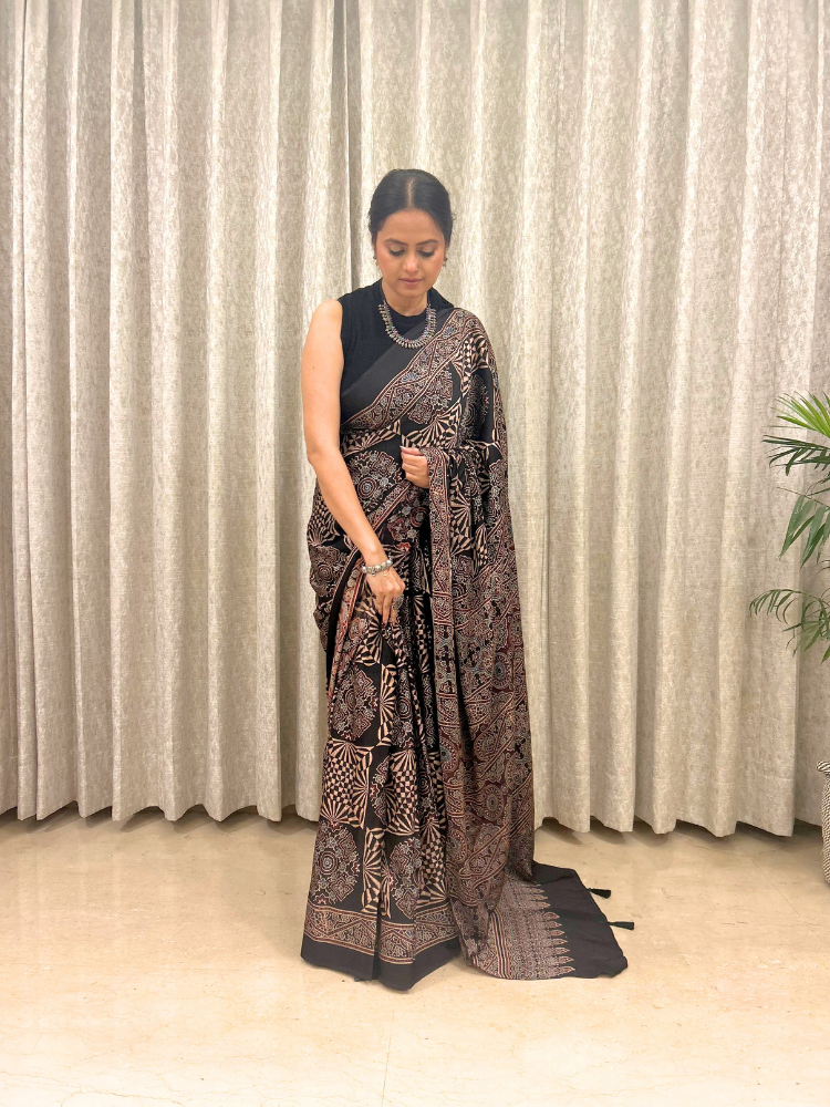 Modal Silk Ajrakh Hand Block Patterned Saree – Black