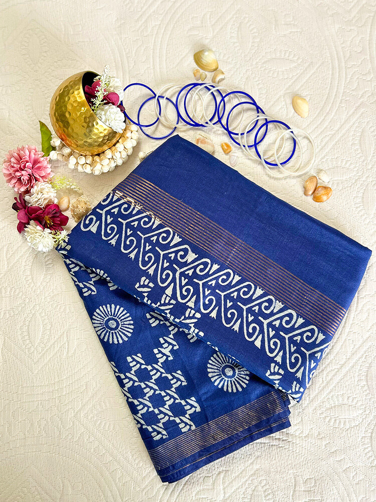 Bhagalpuri Silk Handblock Saree – Blue