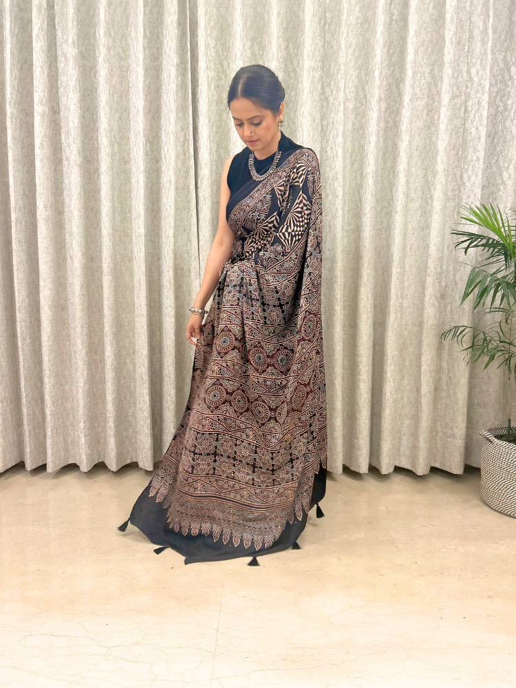 Modal Silk Ajrakh Hand Block Patterned Saree – Black